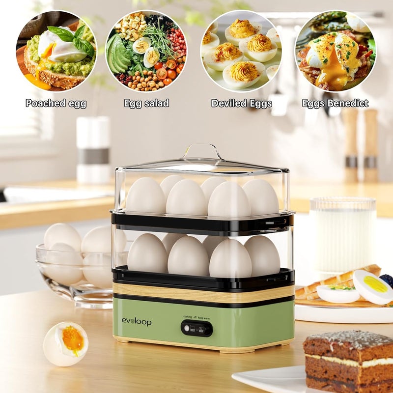 evoloop Rapid Egg Cooker Electric 12 Eggs Capacity, Soft, Medium, Hard Boiled, Poached, Omelet Maker Egg Poacher & Vegetable Steamer, BPA Free Tray（Green） - Image 5